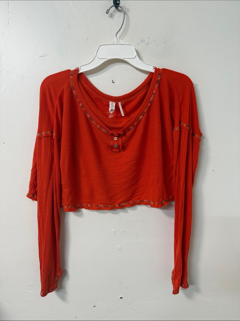Urban Outfitters Orange-Red Cropped Henley Long Sleeve Top